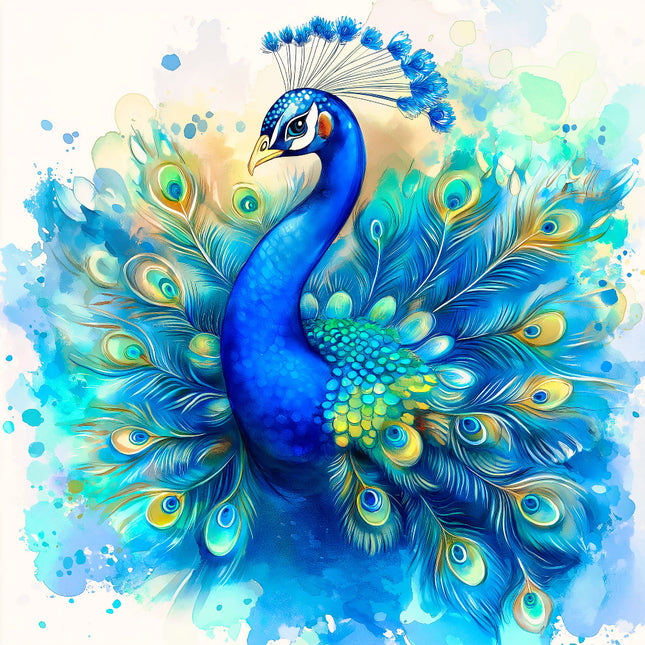 Colorful peacock illustration with a watercolor background fabric panel
