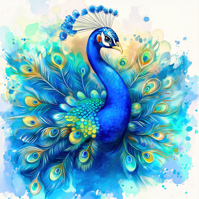 Colorful illustration of a peacock fabric panel