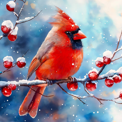 Red cardinal bird perched on a branch with snow-covered berries against a blue winter background fabric panel