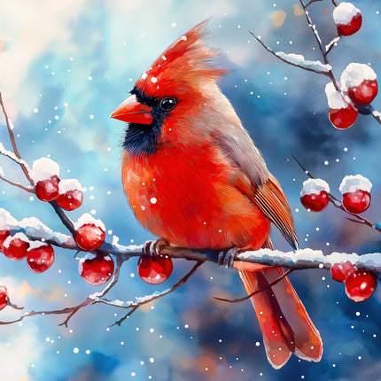 Red cardinal bird perched on a branch with snow and berries fabric panel