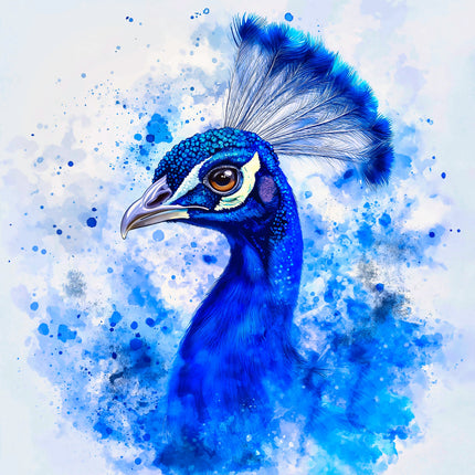 Blue peacock against a blue and white abstract background fabric panel