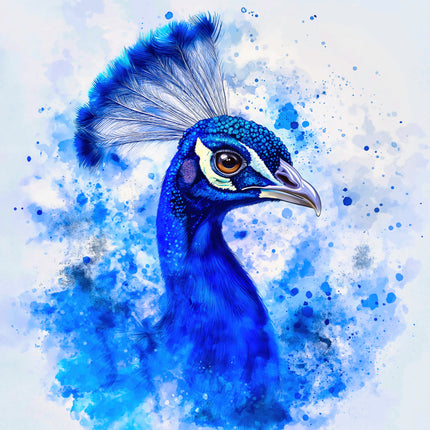 Blue peacock against a blue and white abstract background fabric panel