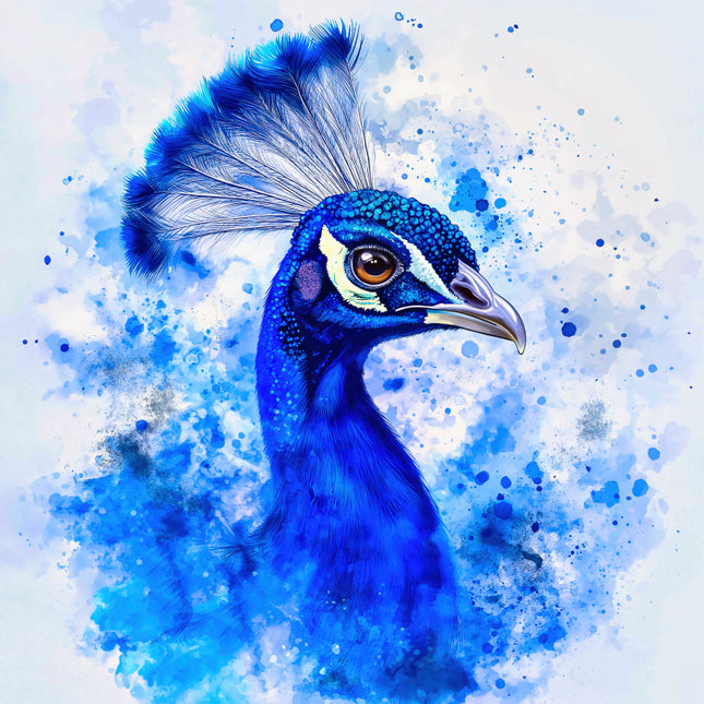 Blue peacock against a blue and white abstract background fabric panel
