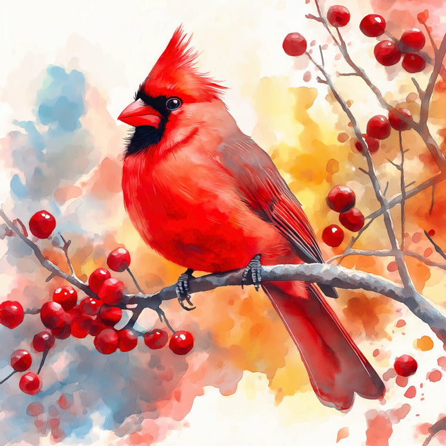 Red cardinal bird perched on a branch with red berries against a colorful background fabric panel