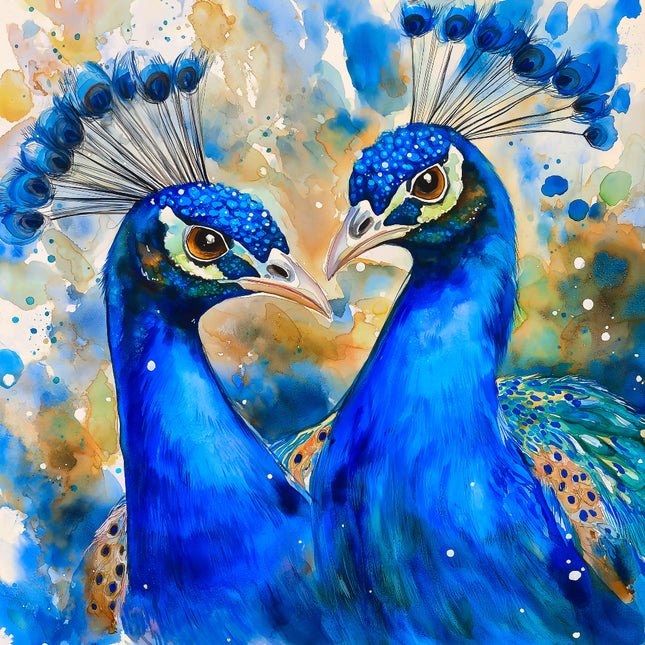 Artistic depiction of two peacocks with vibrant blue feathers against a colorful background