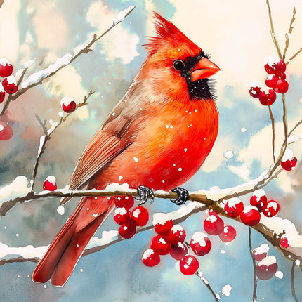Red cardinal bird perched on a branch with red berries against a snowy background quilt panel
