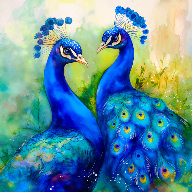 Two peacocks with vibrant blue and green feathers fabric panel