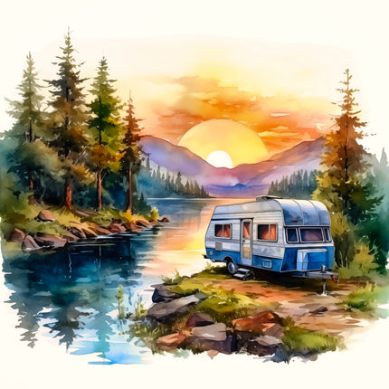 Painting of a camper van by a lake with mountains in the background fabric panel