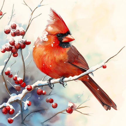 Red cardinal bird perched on a branch with red berries fabric panel