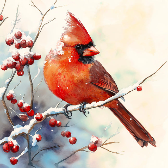 Red cardinal bird perched on a branch with red berries fabric panel