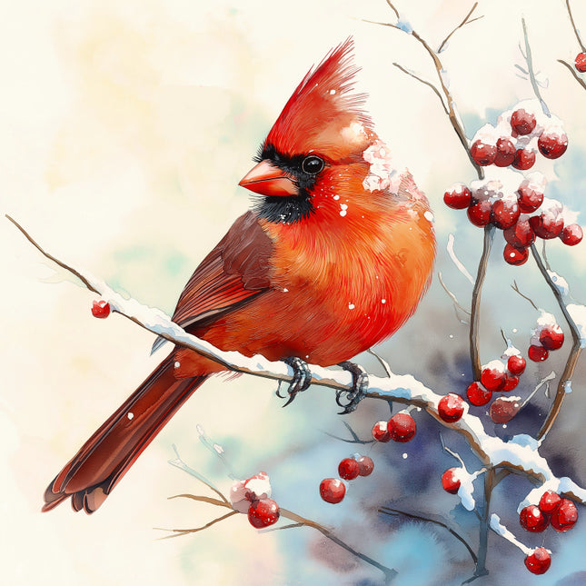 Red cardinal bird perched on a branch with berries and snow fabric panel