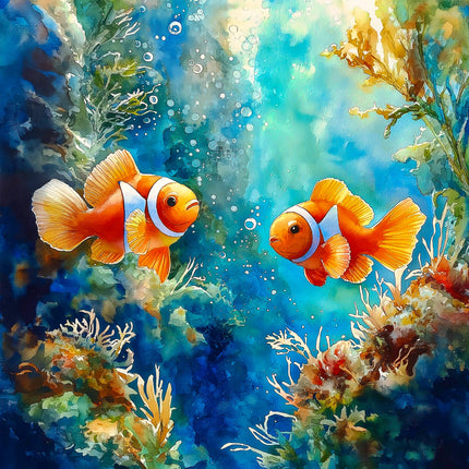 Two clownfish swimming among underwater plants and bubbles.