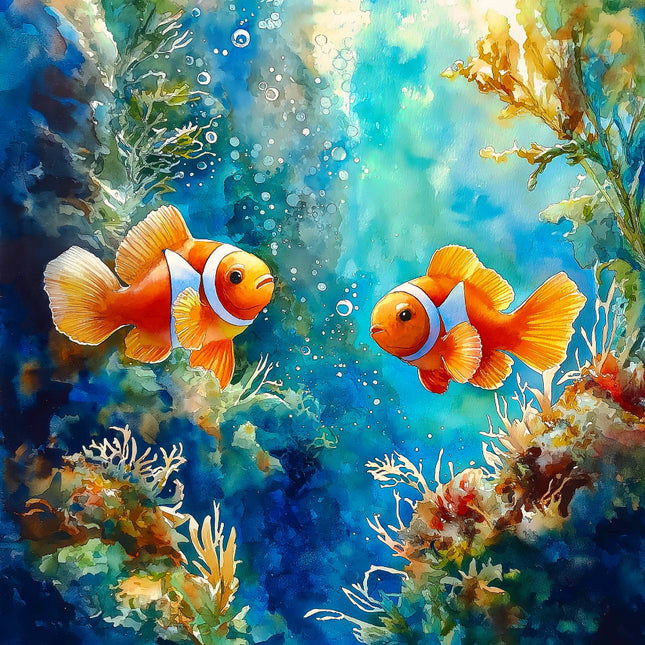 Two clownfish swimming among underwater plants and bubbles.