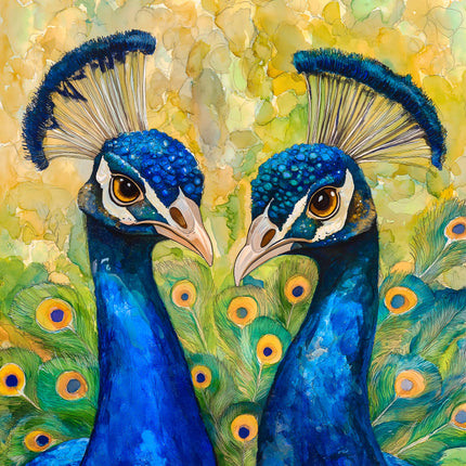Artistic depiction of two peacocks with vibrant blue and green feathers on a textured background fabric panel