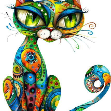 Colorful cartoon cat with intricate patterns quilt panel