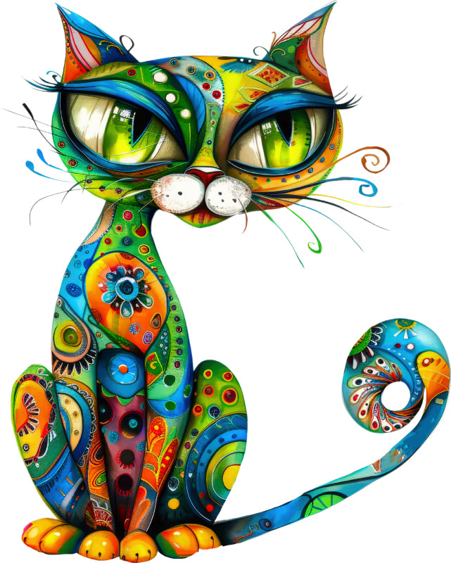 Colorful cartoon cat with intricate patterns quilt panel