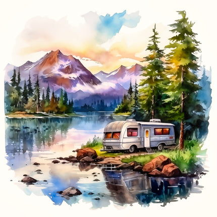 Illustration of a camper van by a lake with mountains in the background