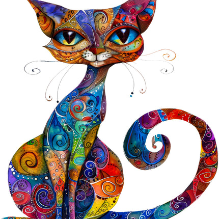 Colorful, stylized cat with swirling patterns fabric panel