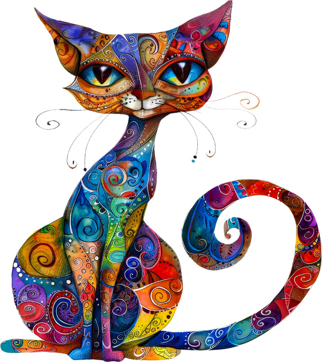 Colorful, stylized cat with swirling patterns fabric panel