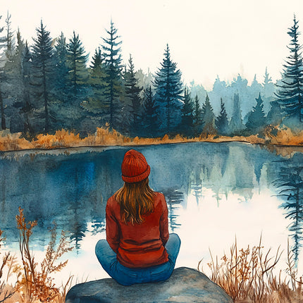 Person sitting by a lake surrounded by trees, wearing a red jacket and hat.