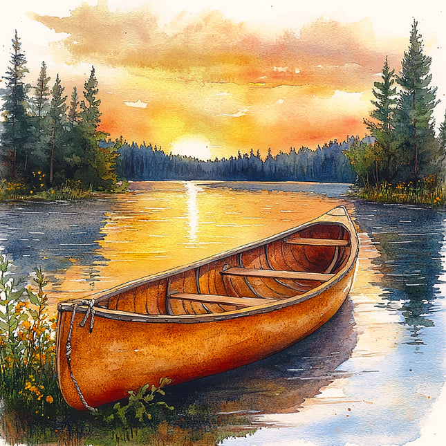 Wooden canoe on a calm lake with trees and sunset in the background fabric panel