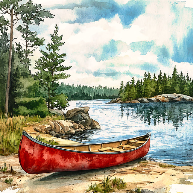 Red canoe on a lakeside with trees and rocks quilt panel