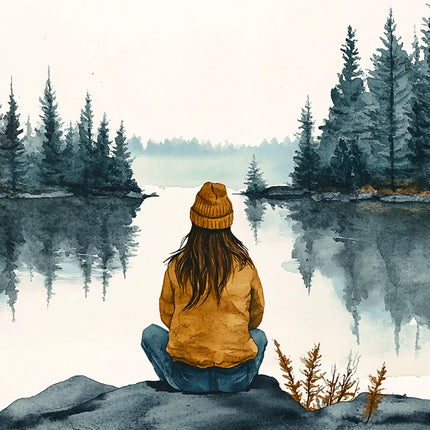 Person sitting by a lake fabric panel