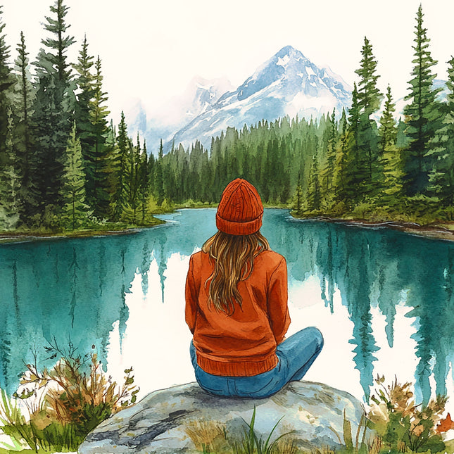 Person sitting by a lake with mountains fabric panel