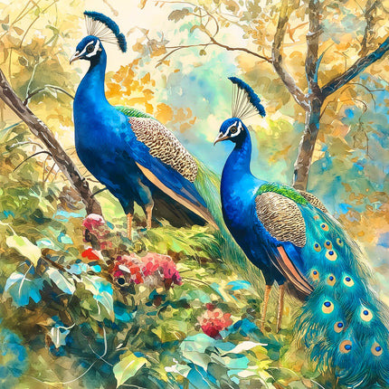 Two peacocks in a forest setting with colorful foliage.