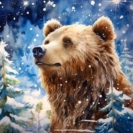 Bear in a snowy forest with a blue sky fabric panel