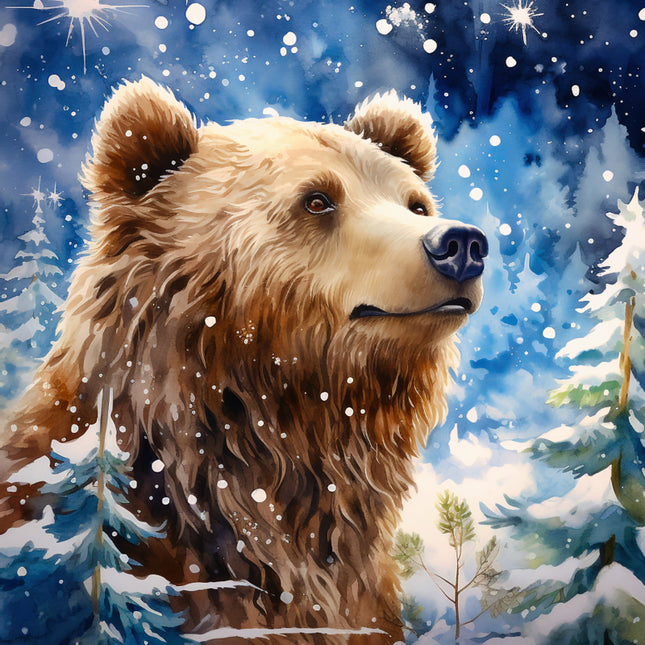 Bear in a snowy forest quilt panel