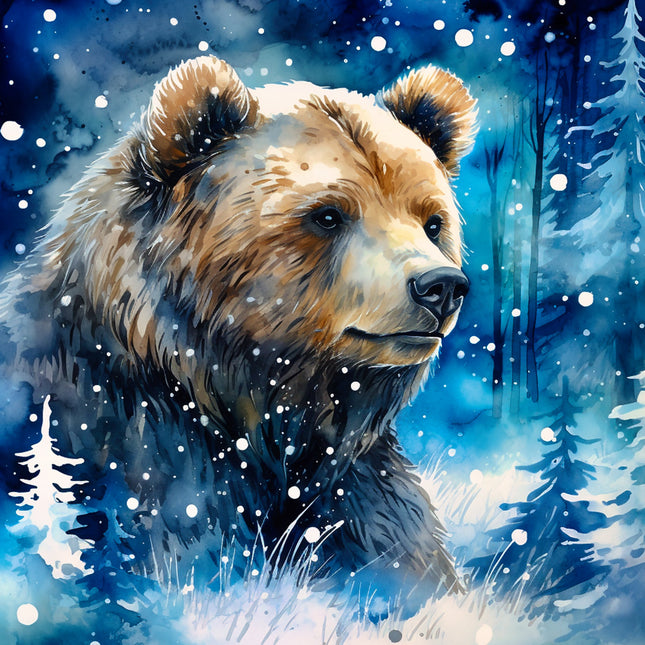 bear in a snowy forest fabric panel