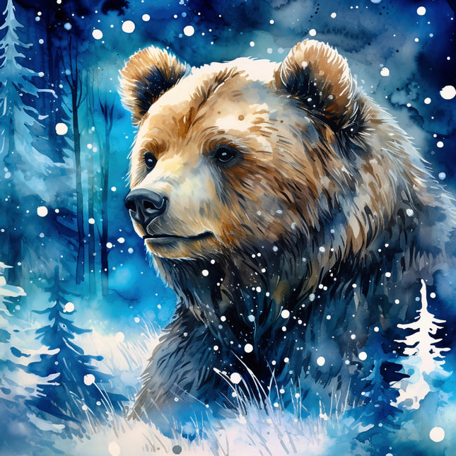 Bear in a snowy forest quilt panel