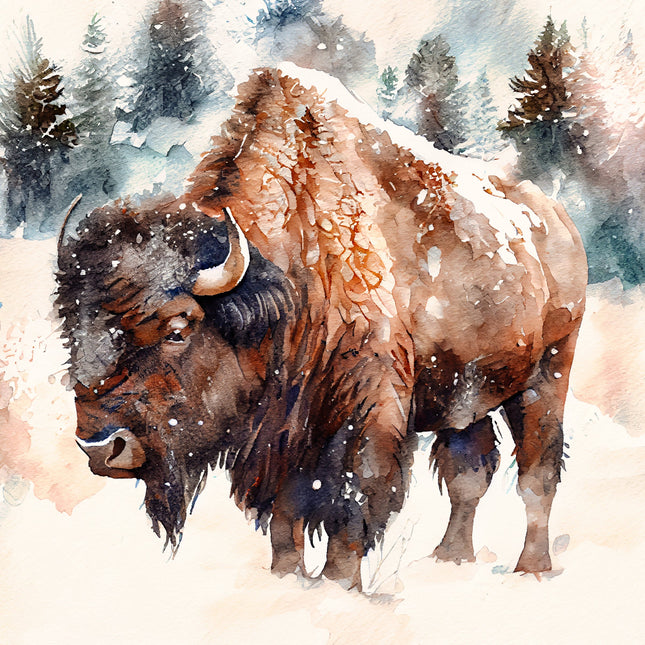 Watercolor painting of a bison in a snowy landscape fabric panel