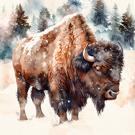 Watercolor painting of a bison in a snowy landscape with trees quilt panel
