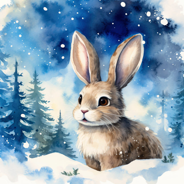 Illustration of a rabbit in a snowy forest with blue and white background quilt panel