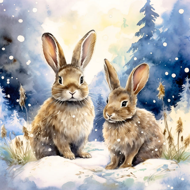 Two rabbits sitting on a snowy landscape with a winter forest background quilt block