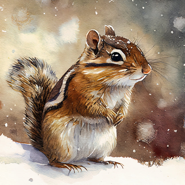 Illustration of a chipmunk in the snow with a watercolor background quilt panel