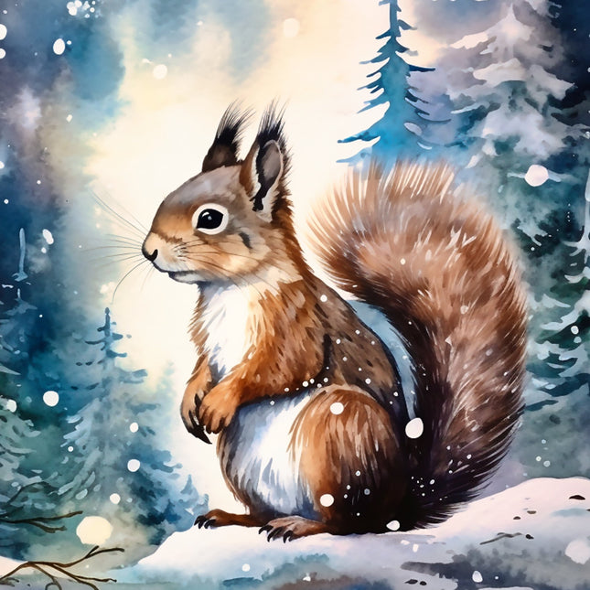 squirrel in a snowy forest fabric panel
