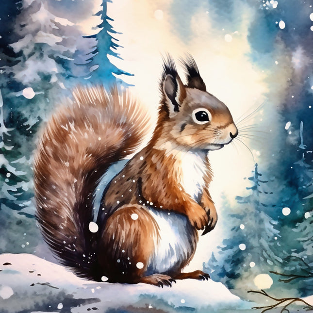 Illustration of a squirrel in a snowy forest quilt panel