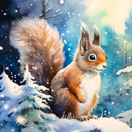 squirrel in a snowy forest fabric panel