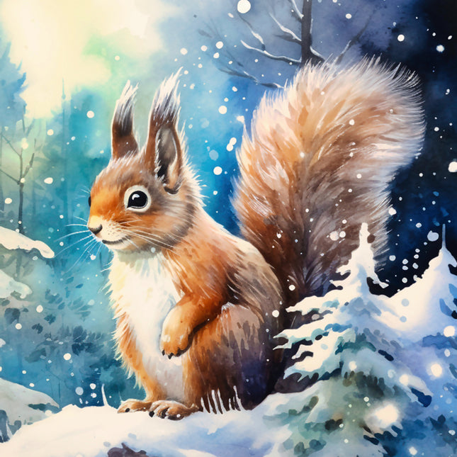 Illustration of a squirrel in a snowy forest quilt panel