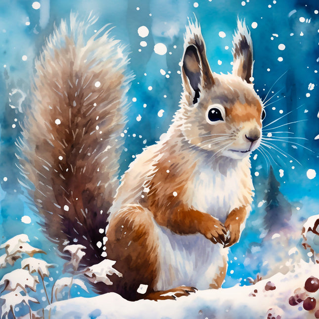 Squirrel in the snow fabric panel