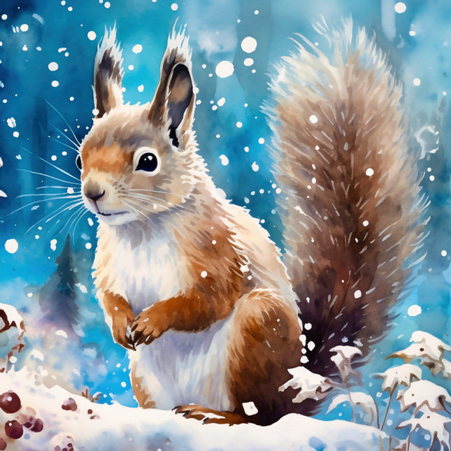 Squirrel in a snowy landscape with a blue sky quilt cotton fabric panel
