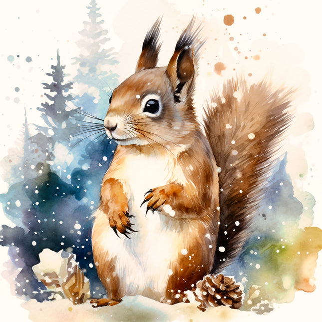 squirrel in a snowy forest fabric panel
