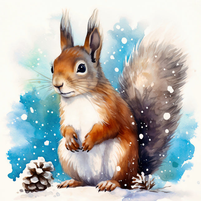 Illustration of a red squirrel with a snowy background quilt panel