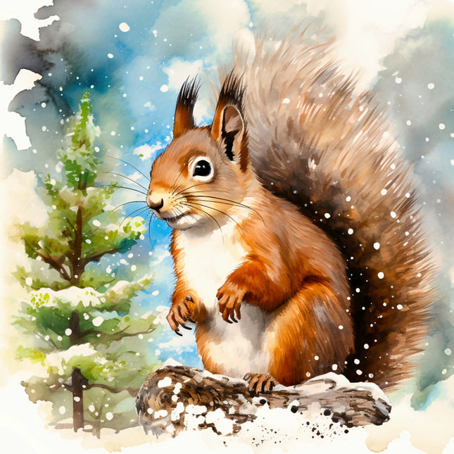 Illustration of a red squirrel on a branch with a snowy background quilt cotton fabric panel