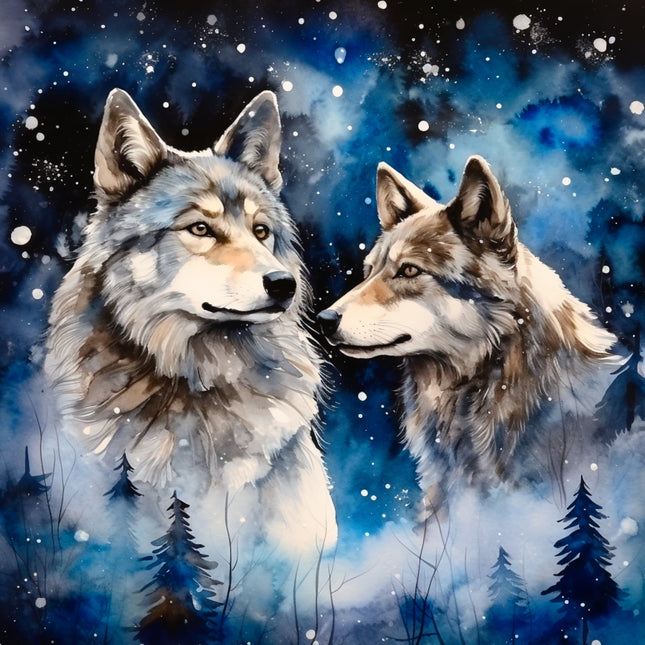 Two wolves standing close together in a snowy forest with a starry night sky fabric panel