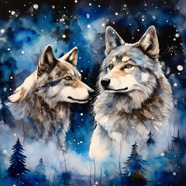 Two wolves facing each other against a snowy night sky with stars quilt panel