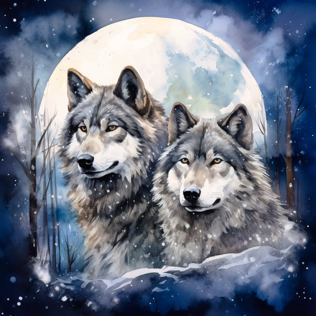 Two wolves standing in a snowy landscape with a full moon fabric panel